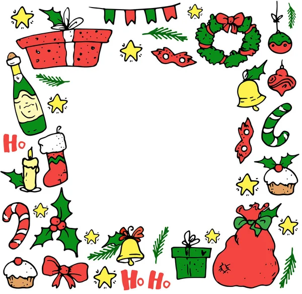 Noel için vektör çerçevesi. Noel Baba 'nın çantasının, şampanyasının, kutsal eşyalarının, mumların, çanların, çelenklerin, kırmızı ve yeşil renklerdeki yıldızların beyaz arka planda yer aldığı kare çerçeveler. Noel için vektör çerçevesi. kare