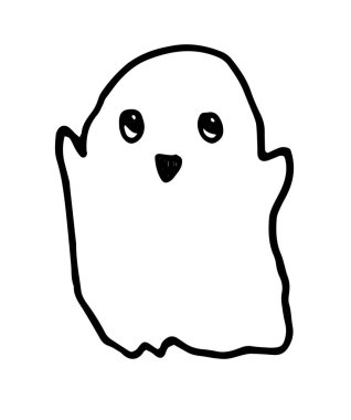 Şirin bir hayalet. Bir cadılar bayramı şablonu için beyaz arka planda siyah bir hatla izole edilmiş, karalama tarzında komik bir yüzü olan el çizimi bir uçan hayalet. Kutlama için karalama desenli bir hayalet çizimi