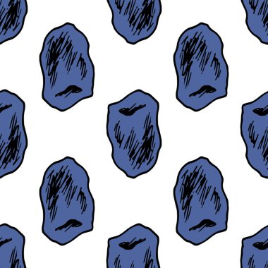 Koyu mavi hanımeli meyvelerinin vektör deseni. Beyaz arka planda, organik gıda tasarımı şablonu için izole edilmiş siyah çizgili, düz olmayan mavi hanımeli üzümlerinin kusursuz deseni. Çizgi film tarzında hanımeli böğürtlenleri çiz. Ne?