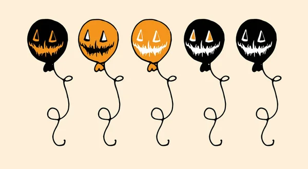 万圣节的气球向量集 一组橙色和黑色的气球 风格为涂鸦 带着杰克邪恶的微笑 带着绳子螺旋 作为万圣节设计的标签模板 向量模式 动物无缝P — 图库矢量图片
