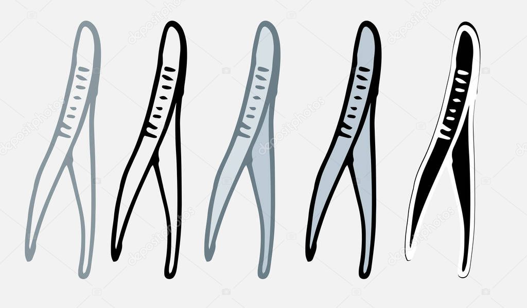 Set of medical scalpels in gray color vector icon. A set of metal scalpel drawn in doodle style isolated black outline and silhouette on a white background for a medical design template. Doodle doodle medicine for medical design. Medicine symbol icon