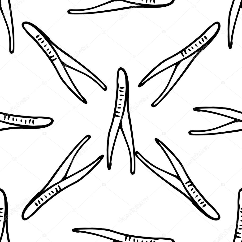seamless pattern of medical scalpels.Vector pattern of metal scalpels drawn in the style of doodles, isolated black contours are randomly arranged on a white background for a medical design template,. Doodle doodle medicine for medical design. Medici