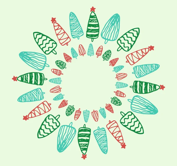 一组圆形圣诞树框架的矢量 红色和绿色 文字空白 手工绘制的圣诞树模板是一组简单的三角形 具有线条纹理 绿色和绿绿色的轮廓与星星 一组病媒毫升 — 图库矢量图片