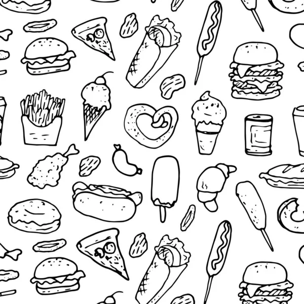Pattern Fast Food Vector Pattern Ice Cream Croissants Pizza Burgers — Stock Vector