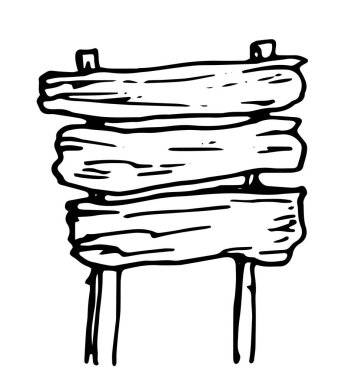 Vektör ahşap bağbozumu işareti. Bir tasarım şablonu için beyaz bir arka planda sütunların üzerine dikdörtgen şeklindeki bir şekilde izole edilmiş siyah ana hatlı ahşap tahtalar şeklinde elle çizilmiş. Karartma şeklinde elle çizilmiş bir karalama