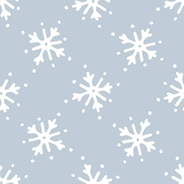 Seamless pattern of white snowflakes on a gray background. Vector pattern of a snowflake drawn in the doodle style with white contour dots randomly arranged on a light gray background for a winter — Stock Vector