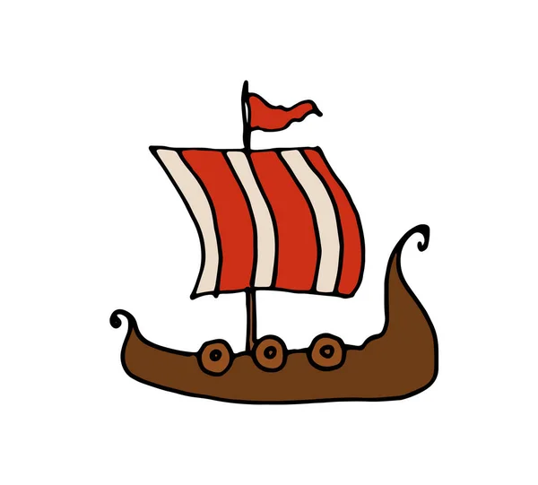 Viking vektor hajó sík stílusban. Szigetelt elem barna színű fahajó csíkos vitorlával, piros és fehér csíkkal, fehér alapon, címke design sablonhoz, csomagoláshoz, logóhoz — Stock Vector