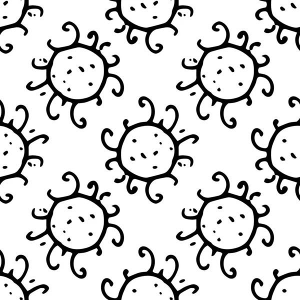Векторный бесшовный узор из круглой формы. Паттерн из бактерий с короткими щупальцами с кудрями, нарисованный вручную с черной линией в стиле каракулей на белом фоне для медицинского дизайна — стоковый вектор