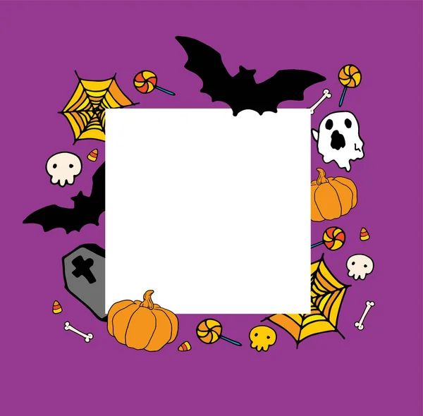 万圣节的矢量模板，有一个空的文字空间。正方形模板，由涂鸦风格的南瓜、鬼魂、蝙蝠和蜘蛛网制成，紫色背景为橙色，作为万圣节设计模板 — 图库矢量图片