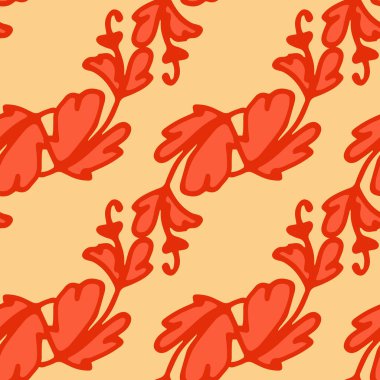 Sonbahar çiçeklerinde şekillendirilmiş bitkilerin vektör deseni. Bir dizayn şablonu için sarı arkaplan üzerinde çapraz çizgiler halinde düzenlenmiş eğri dalların kusursuz deseni kırmızı yapraklar