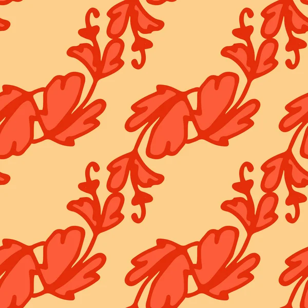 Patrón vectorial de plantas estilizadas en flores de otoño. Patrón inconsútil de ramitas curvas hojas rojas dispuestas en líneas diagonales sobre un fondo amarillo para una plantilla de diseño — Vector de stock