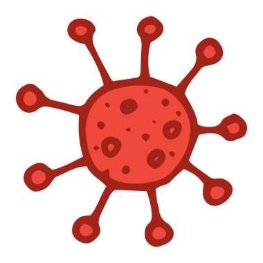 Kırmızı koronavirüsün taşıyıcı virüsü. Yuvarlak şekilli el yapımı mikrop. Düz bir şekilde ışınlar ve noktalar şeklinde. Bir tasarım şablonu için beyaz arkaplan üzerindeki izole öge