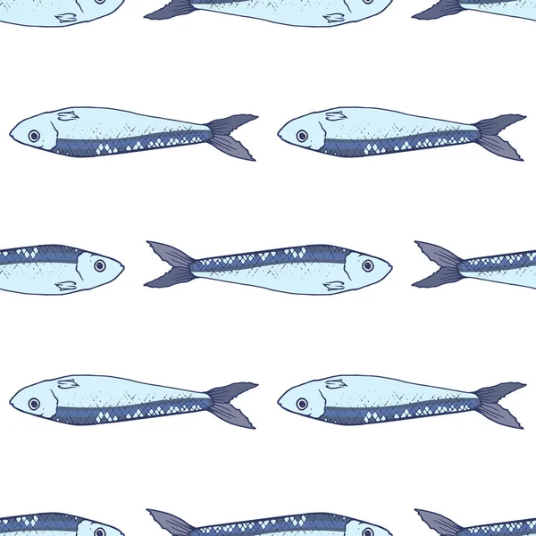 青いイワシのベクトルパターン 小さなサルディーヌの魚の手描きのスケッチのシームレスなパターン 青いアウトライン サイドビュー デザインテンプレートのための白い背景に隔離された魚介類と青灰色 デコラ用のラインアートスケッチカラーイワシセット — ストックベクタ