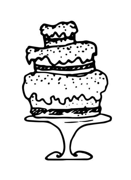 白色背景的老式风格的黑涂鸦蛋糕图案 手绘插图 有斑点纹理的立柱上的矢量三层蛋糕 多层奶油蛋糕 手工画成涂鸦状 白色背胶上有一条孤立的黑线 — 图库矢量图片