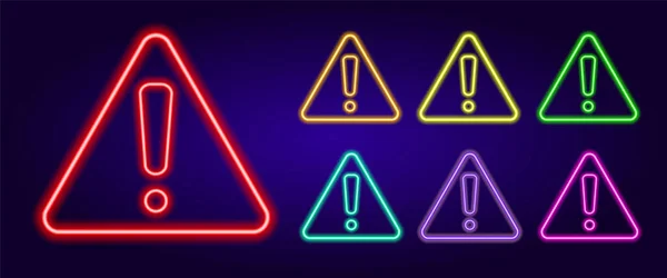 Neon Exclamation Mark Triangle Set Attention Signs Different Colors Exclamation — Stock Vector