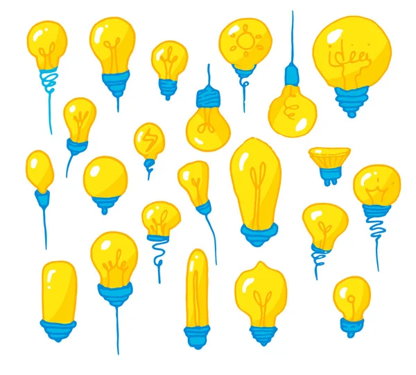 Набор желтых лампочек. Ручной рисованный мультяшный стиль изолированные яркие лампочки различных форм с синим основанием на белом для шаблона дизайна. Символ идеи и мышления — стоковый вектор