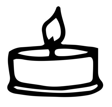 Yanan bir mum. Küçük düz bir mumun vektör ögesi, tasarım şablonu için beyaz zemin üzerinde izole edilmiş siyah bir çizgi ile karalama tarzında çizilmiş. Metal bir şamdanda aroma mumu ikonu. Küçük bir L 'nin vektör izole ögesi