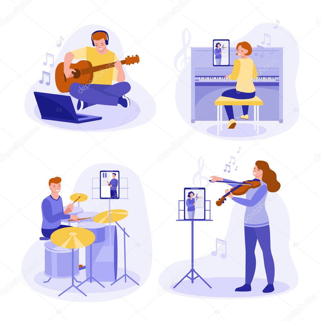 Online learning to play musical instruments: piano, violin, drums, guitar.