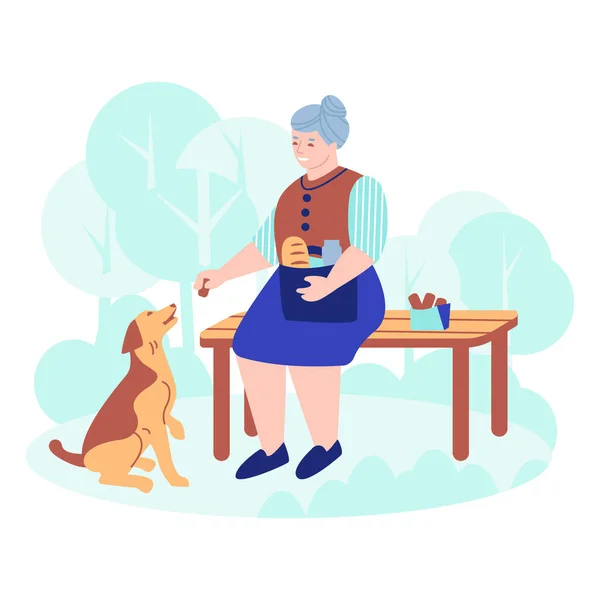 Пожилая женщина с собакой на скамейке в парке. Дает собаке угощение. Векторная иллюстрация в плоском стиле. — стоковый вектор