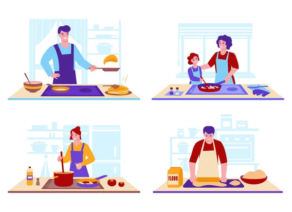 Conjunto de conceptos de cocina vectorial en casa. En el fondo del interior de la cocina. Estilo plano. — Vector de stock