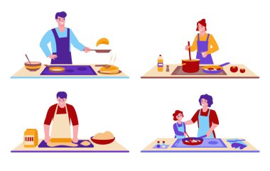 Yemek pişirmeyle ilgili vektör çizimleri. Erkekler, kadınlar, anne ve kız evde aşçı. Düz biçim.