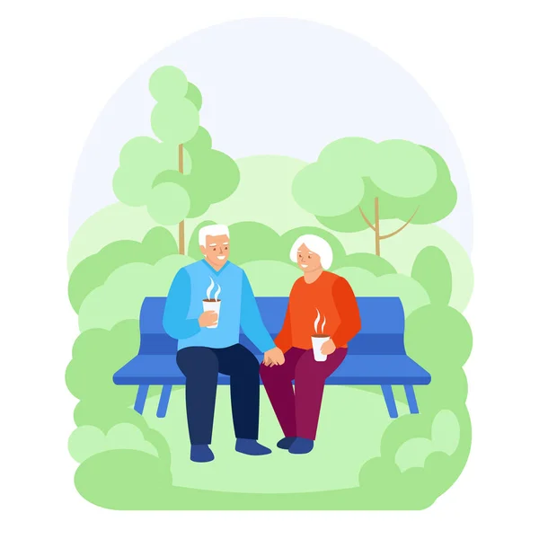 An elderly couple is sitting on a bench in the summer spring , drinking hot drinks. The concept of happy relationships in old age. Vector illustration in flat style. — Stock Vector