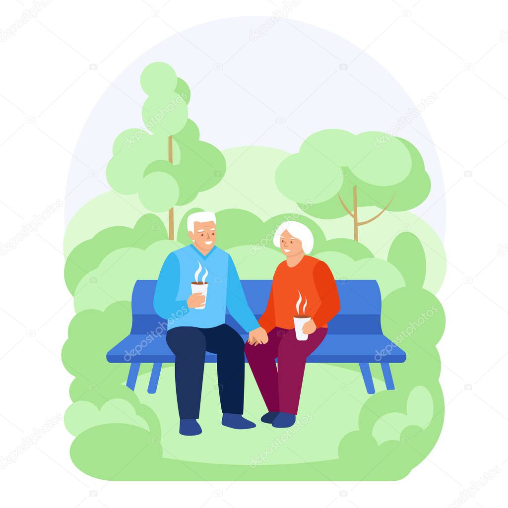 An elderly couple is sitting on a bench in the summer spring , drinking hot drinks. The concept of happy relationships in old age. Vector illustration in flat style.