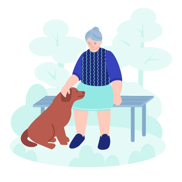 Starší žena sedí na lavičce v parku. Pes vedle milenky. Koncept psa společníka pro seniory. Vektorová ilustrace v plochém stylu. — Stockový vektor