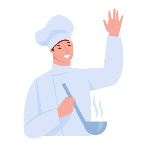 Шеф-кухар з супом. Підняв руку у вітальні. Векторні ілюстрації в плоскому стилі. Ізольовані на білому тлі . — стоковий вектор