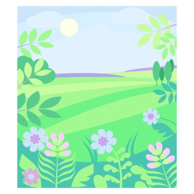 Doğa manzarası. Bahar ya da yaz. Kartpostallar, afişler, posterler için. Düz biçimli vektör illüstrasyonu.