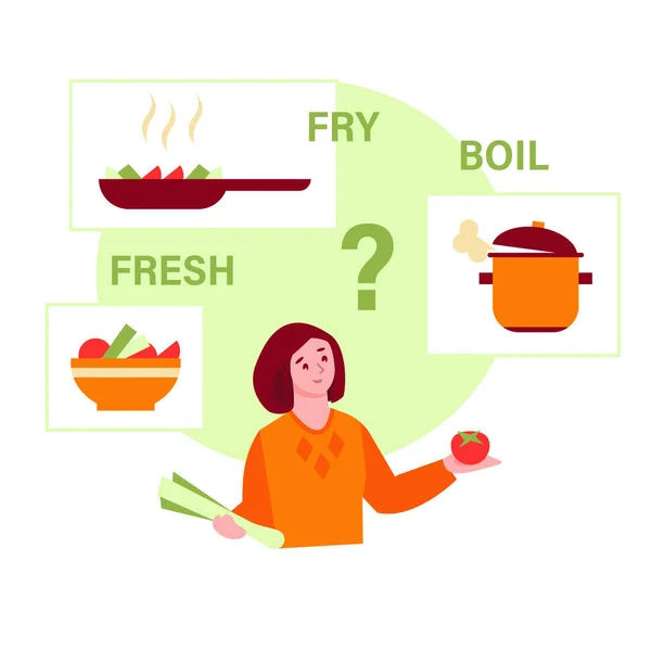 그 여자는 야채를 어떻게 요리하는지 궁금 해 하였다. 튀기고, 끓이고, 날 것. 건강 식품 컨셉. 평평 한 형태의 벡터 삽화. — 스톡 벡터