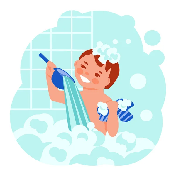 작은 남자 아이가 거품 목욕을 하고 있습니다. 벡터 개념. 카툰 편평 한 스타일. — 스톡 벡터
