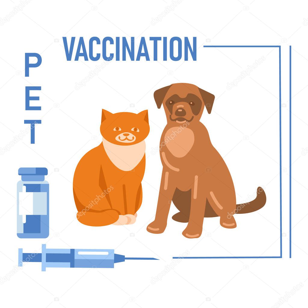 Dog and cat. Caption: Pet vaccination. Syringe, vaccine bottle. Vector illustration in flat style.