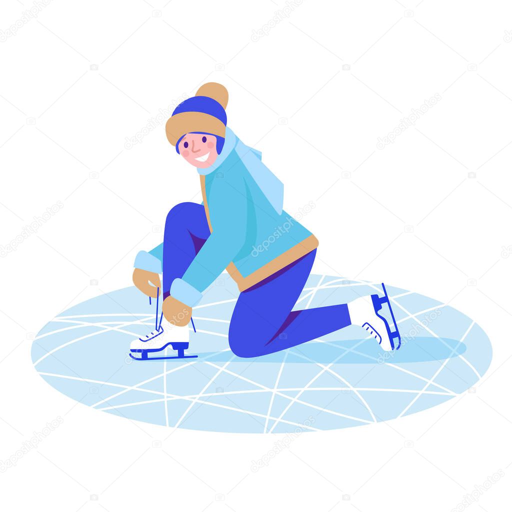 The girl on the rink puts on skates. Vector illustration. Flat stile.
