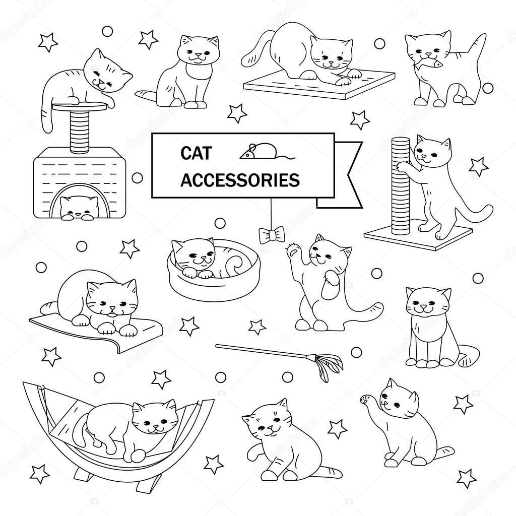 Set of vector outline illustrations. Cats and accessories. Toys,beds, scratching posts.