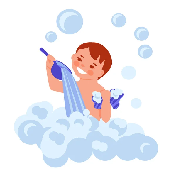 Niño Lava Baño Burbujas Concepto Vectorial Estilo Plano Dibujos Animados — Vector de stock