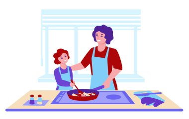 Anne ve kızı ocakta yemek pişiriyorlar. Mutfağın içi. Ev yemeği konsepti. Vektör illüstrasyonu.
