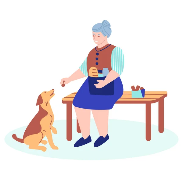 Пожилая Женщина Собакой Скамейке Парке Дает Собаке Угощение Векторная Иллюстрация — стоковый вектор