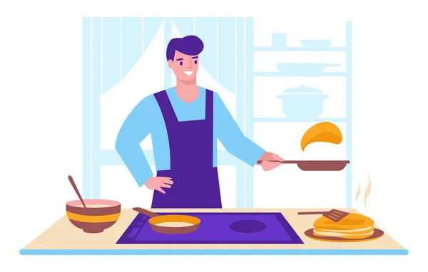 Jeune Homme Cuisine Des Crêpes Sur Fond Intérieur Cuisine Illustration — Image vectorielle
