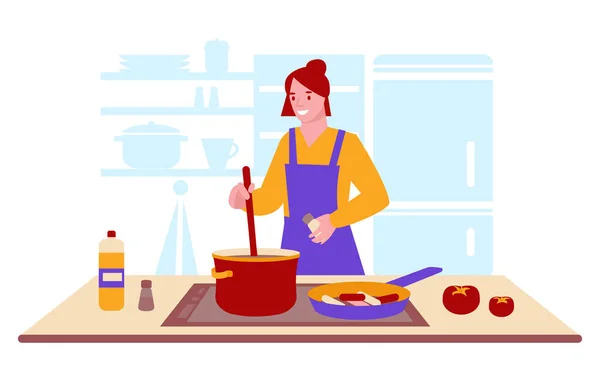 Une Jeune Femme Cuisine Soupe Maison Intérieur Cuisine Concept Nourriture — Image vectorielle