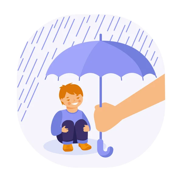 Little Boy Sits Rain Adult Hand Holding Umbrella Him Child — Stock Vector