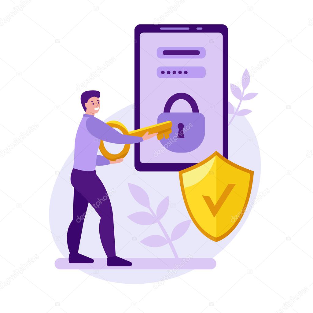 Mobile phone security vector concept. A young man is trying to unlock a mobile phone with a key. Data protection. Strong password and login.