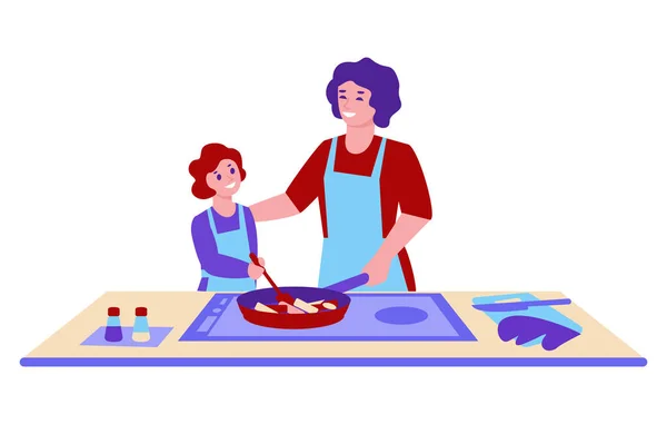 Mère Fille Cuisinent Sur Cuisinière Concept Nourriture Maison Illustration Vectorielle — Image vectorielle