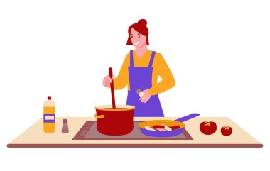 Genç kadın ocakta çorba pişiriyor. Ev yemeği konsepti. Düz olarak vektör illüstrasyonu.