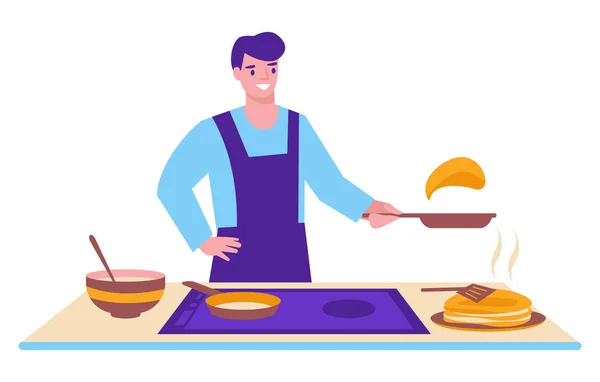 Jeune Homme Qui Cuisine Des Crêpes Illustration Vectorielle — Image vectorielle