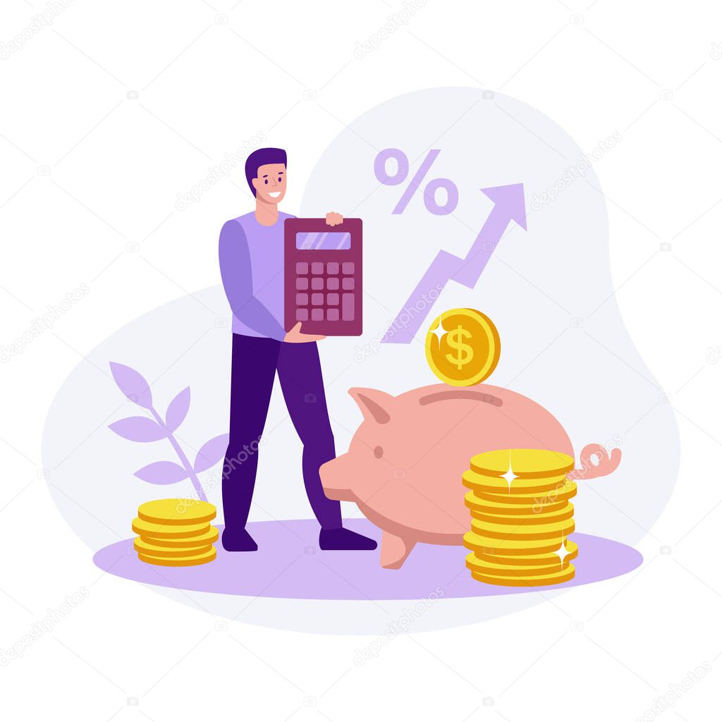 A man with a calculator next to a piggy bank. Save money, finance, business, investment, budget, money management concepts. Modern flat design. Vector .