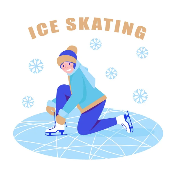 Girl Rink Tightens Lacing Her Shoes Skates Ice Skating Inscription — Stock Vector