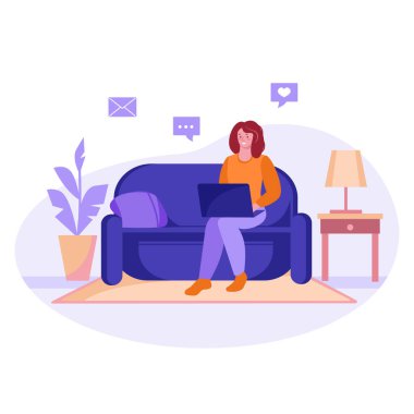 Kanepede dizüstü bilgisayarı olan serbest çalışan ya da evde çalışan bir kız. Serbest çalışma kavramı, online eğitim. Çizgi film düz.