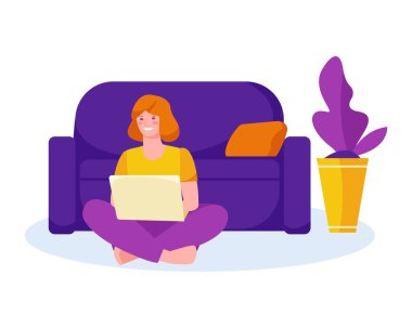 Kanepenin yanında dizüstü bilgisayarı olan bir kız. Serbest çalışma kavramı, çevrimiçi öğrenme. Çizgi film tarzında vektör illüstrasyonu. Bir beyazda izole edilmiş..