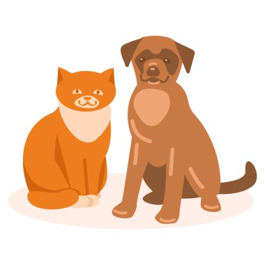 Köpek ve kedi. Düz bir şekilde vektör illüstrasyonu. Beyazda izole edilmiş.